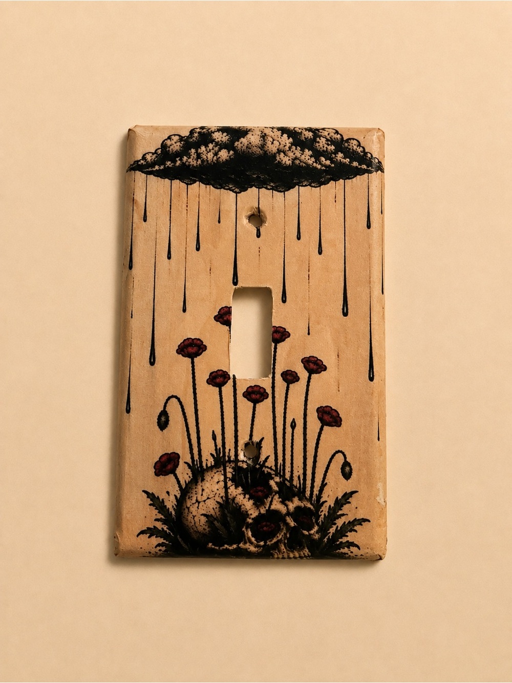 Hand-Made Skull & Poppy Light Switch Cover - Black and Red
